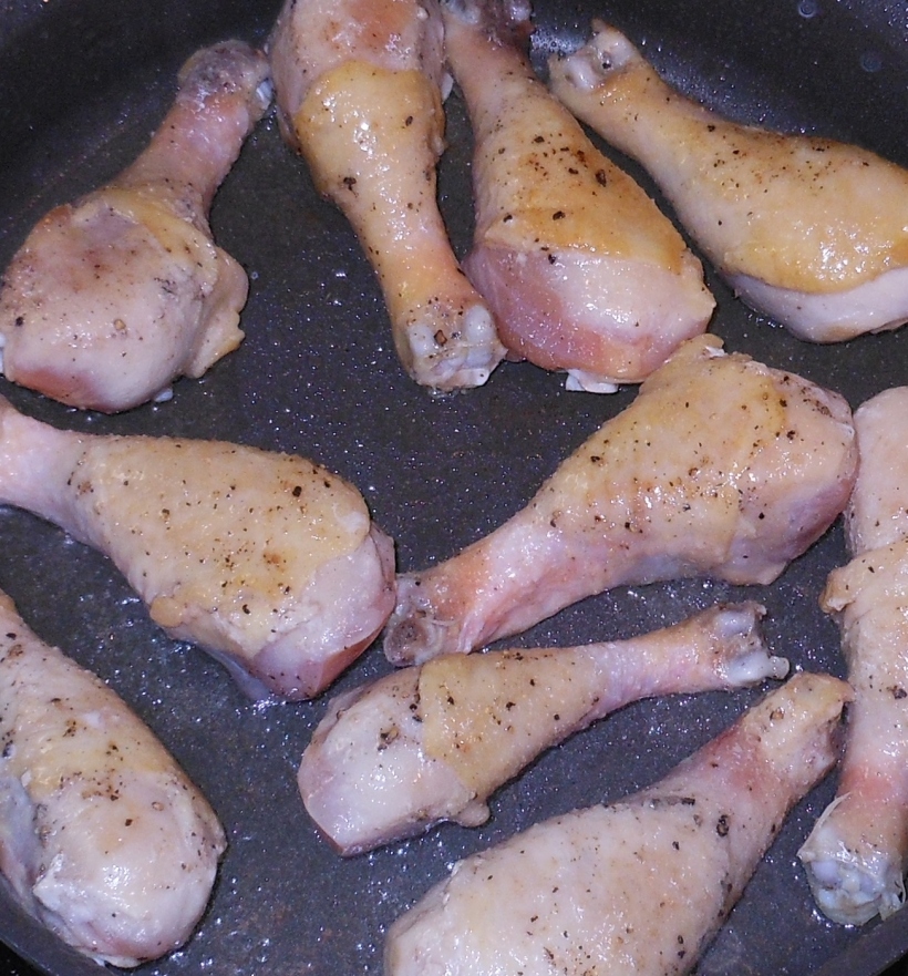 I lightly browned the drumsticks and seasoned them with salt and pepper.