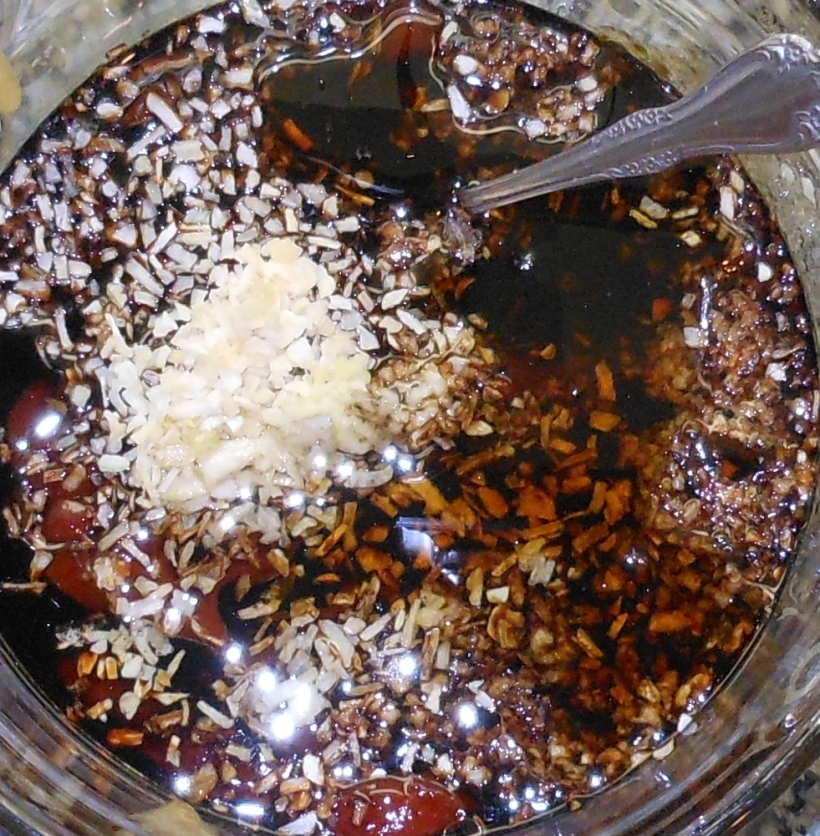 Next, I mixed together the honey, soy sauce, dried onion, ketchup, canola and sesame oil, garlic, and red pepper flakes.